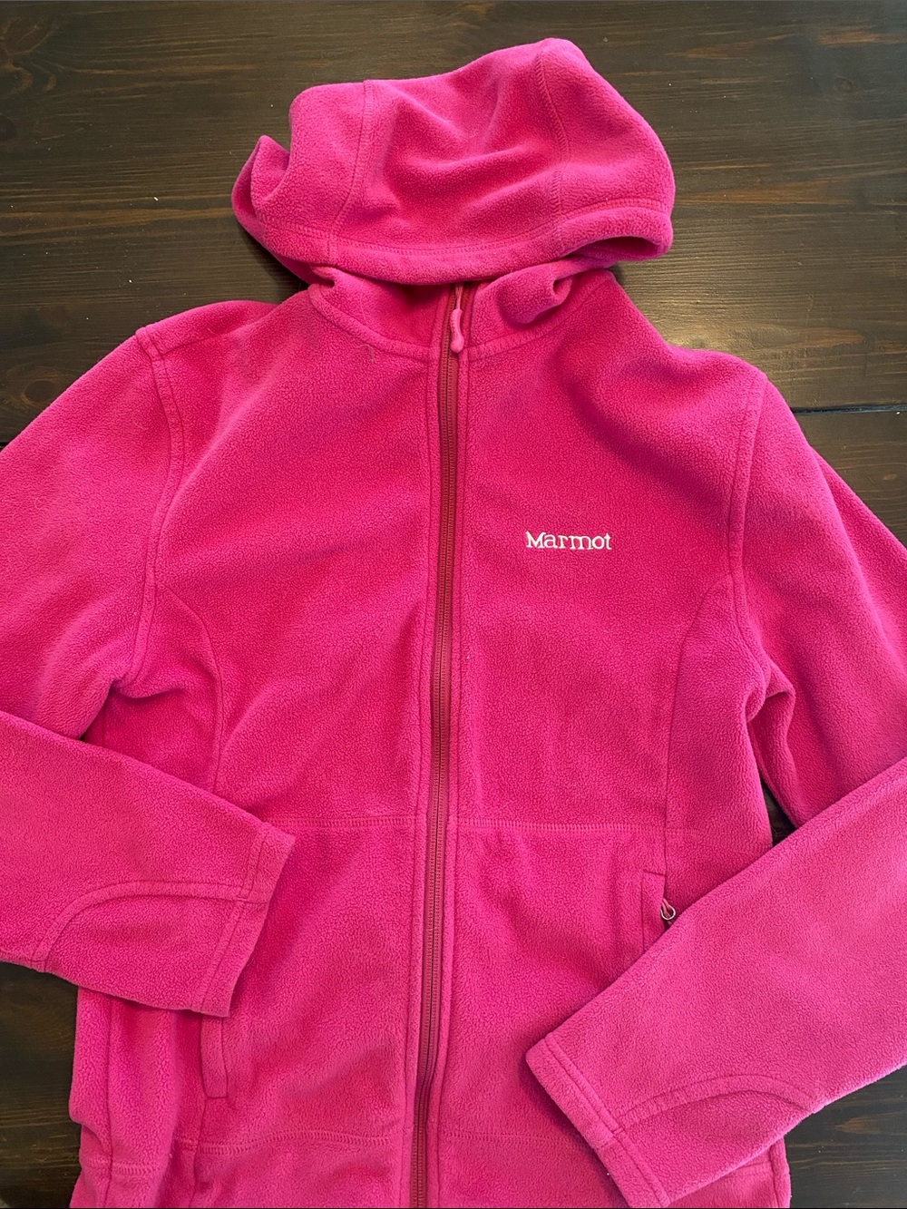 Marmot Bright Pink Hooded Fleece Jacket polar fleece zipper pockets